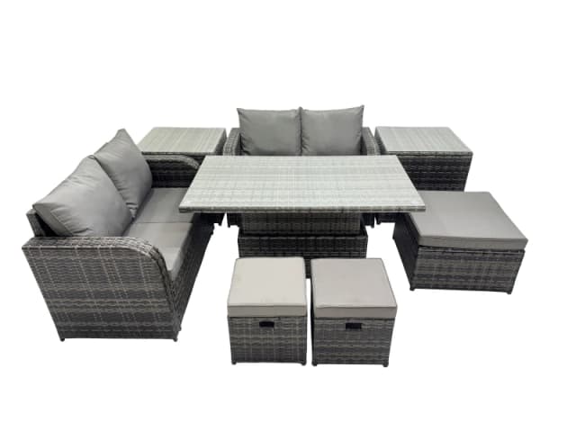 Fimous 7-seater Rattan Garden Furniture Dining Set with 2 Side Table 3 Stools in Dark Grey Dark Grey Unisex