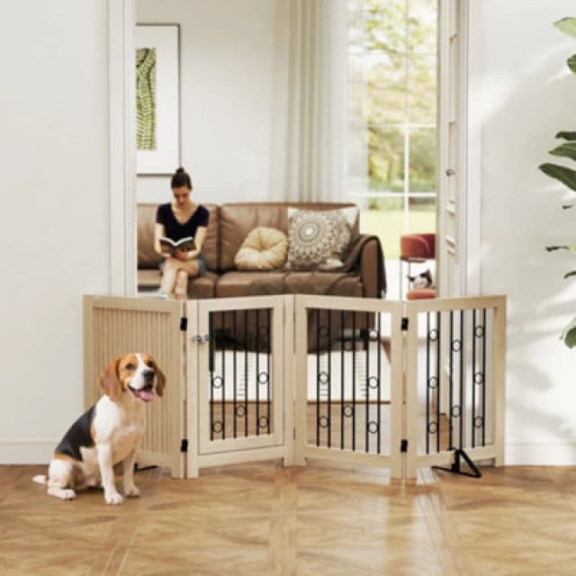 Pawhut 4 Panel Freestanding Pet Gate Foldable With Door For Stairs, Doorway
