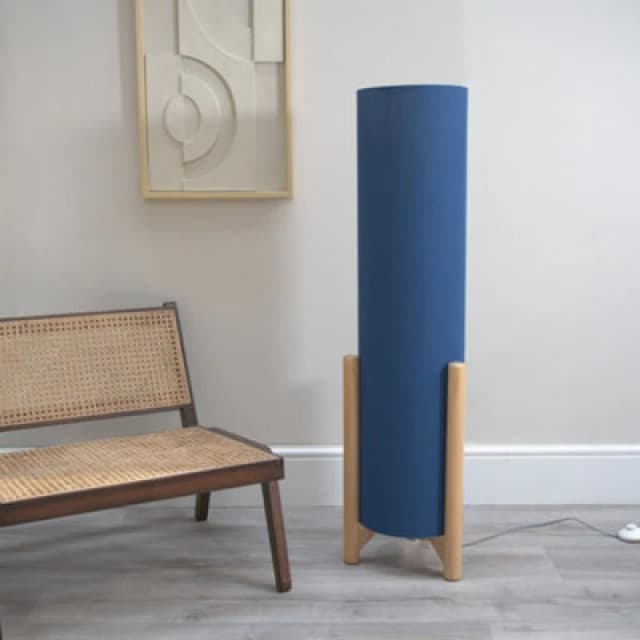 ValueLights Henry Wooden Base Midi Floor Lamp with Tall Fabric Shade Navy