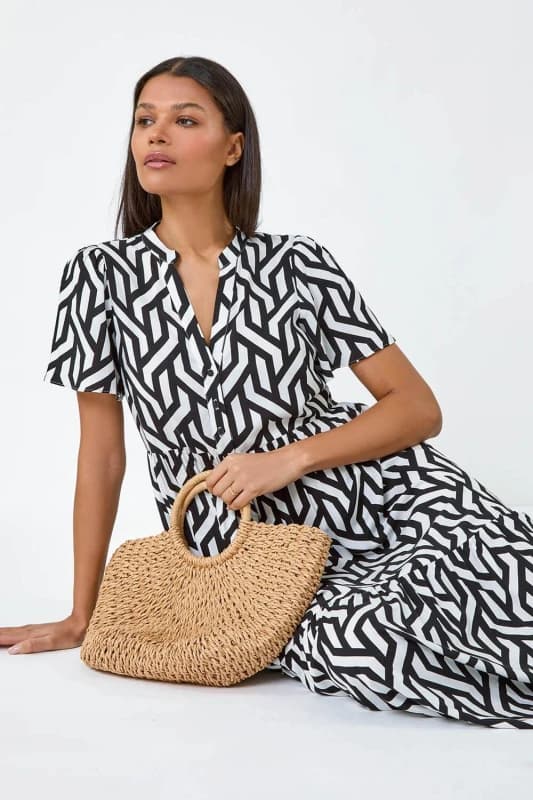 Roman Womens Geometric Print Tiered Midi Dress in Black Size: 10 Black Female 10