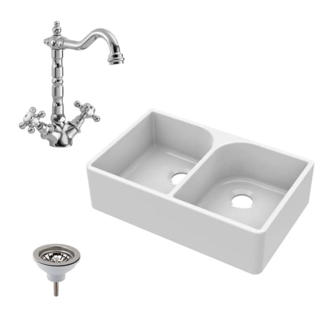 Balterley Fireclay 2 Bowl Full Weir Butler Sink Tap Waste 795mm White unisex