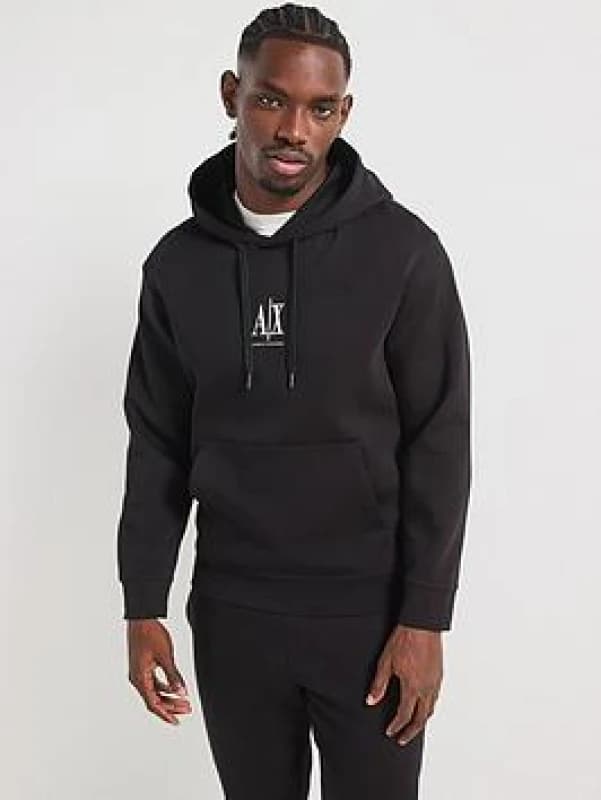 Armani Exchange Jersey Logo Pullover Hoodie Black/White XL