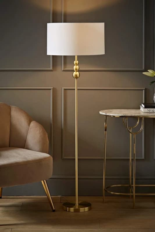 ValueLights ValueLights Marissa Fabric Drum Shade with Brushed Gold Stacked Ball Floor Lamp in White White One Size Unisex 5059406046339