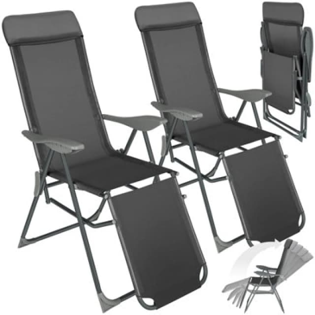 Tectake Garden Chairs Jana - Set Of 2, Foldable, 5-Position Backrest, Head Cushion, Movable Footrest - Anthracite - 2