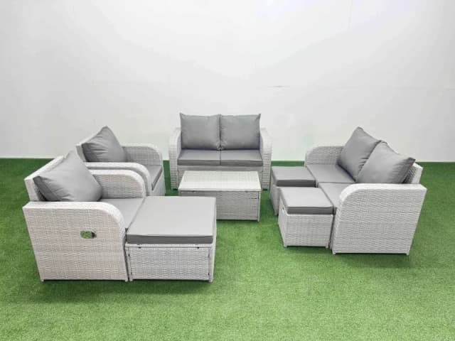 Fimous 9 Seater Outdoor Reclining Chair Love Sofa Set Rattan Garden Furniture Set with Rectangular Coffee Table 3 Stools Light Grey Light Grey