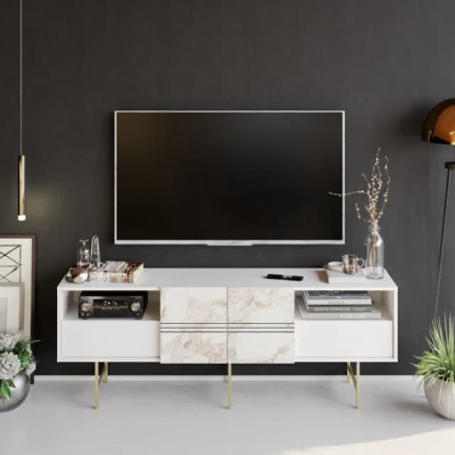 DECOROTIKA Derin 180 Cm tv Unit for TVs Up To 71' - White Marble And Gold - Decorotika DRN71SB01
