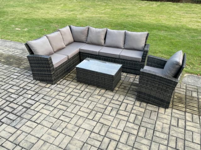 Fimous 7 Seater Rattan Garden Furniture Corner Sofa Set Outdoor Patio Sofa Chair Table Set with Rectangular Coffee Table in Dark Grey Dark Grey Unisex