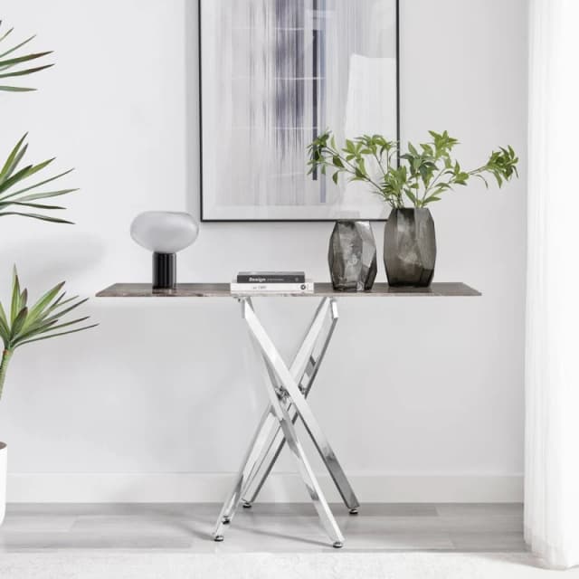 FurnitureboxUK Leonardo Rectangular Marble Effect Glass Top Console Table With Silver Metal Starburst Legs in Grey Grey Unisex