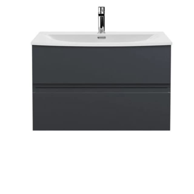 Nuie Hudson Reed Urban Wall Hung 2 Drawer Vanity Unit With Curved Ceramic Basin, Modern Bathroom Furniture In Soft Black, 800mm