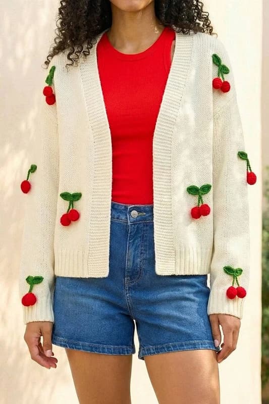 Roman Womens Crochet Cherry Knit Cardigan in Ivory Size: 10 Ivory Female 10