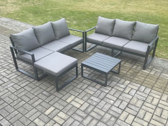 Fimous Aluminium 4 Pieces Garden Furniture Sofa Set with Cushions 7 Seater Outdoor Patio Set with Square Coffee Table Big Footstool Dark Grey Dark Gre