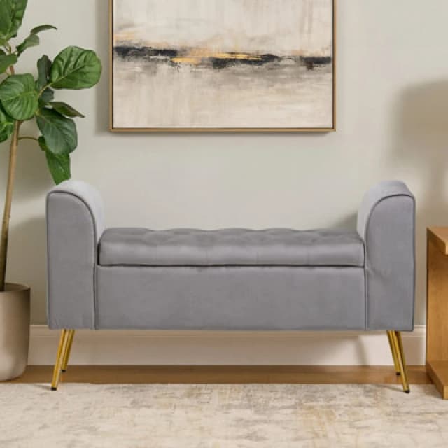 Orsina Grey Velvet Bench With Gold Finish Legs, Comfy Padded Seat Velvet Seat, Built To Last Bedroom Bench