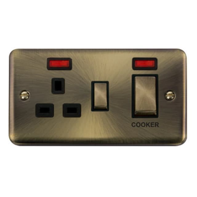SE Home Curved Antique Brass Cooker Control Ingot 45A With 13A Switched Plug Socket & 2 Neons Gold