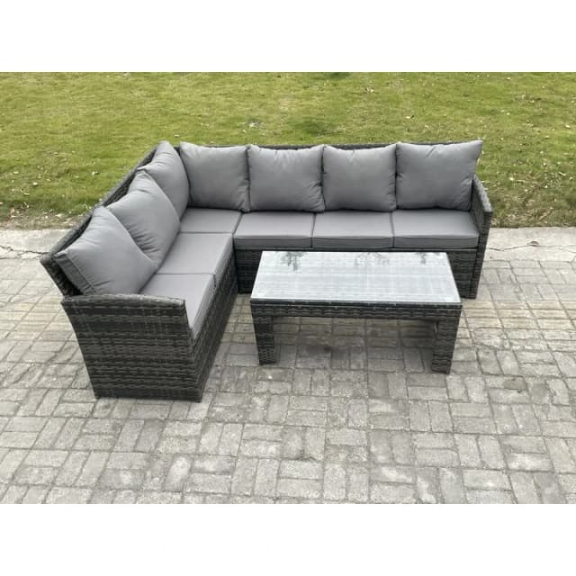 Fimous 6 Seater Outdoor Rattan Garden Furniture Set Corner Sofa Oblong Coffee Table Sets Dark Grey Mixed Dark Grey