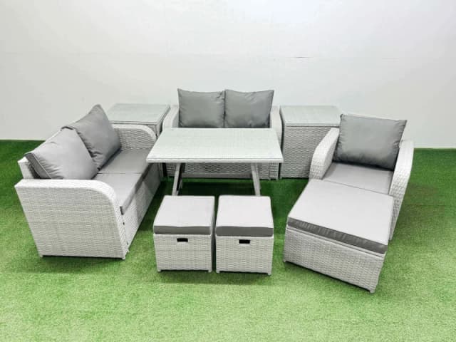 Fimous 8 Seater Rattan Garden Furniture Sets Love Sofa Reclining Chair Set in Light Grey Light Grey Unisex