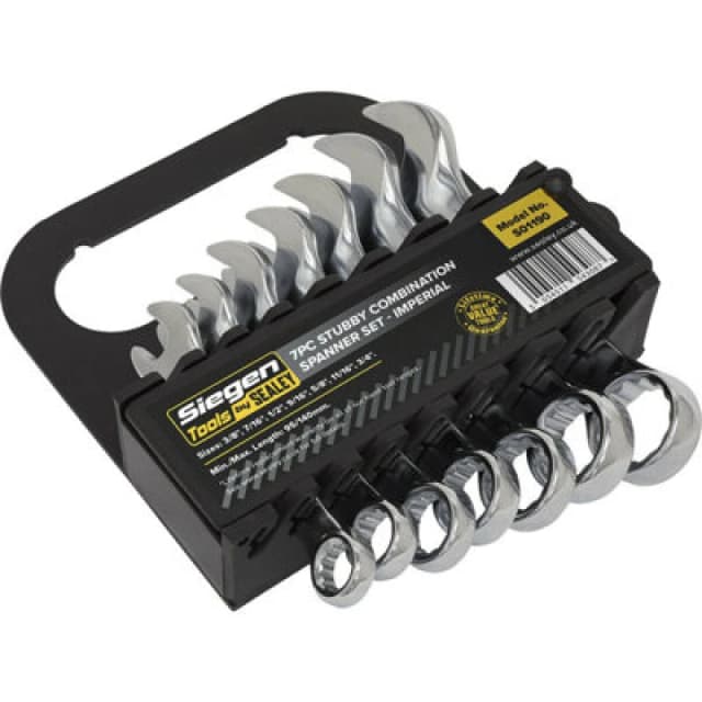 Loops 7pc STUBBY Short Handled Combination Spanner Set - 12 Point Imp Ring Open Head Multi