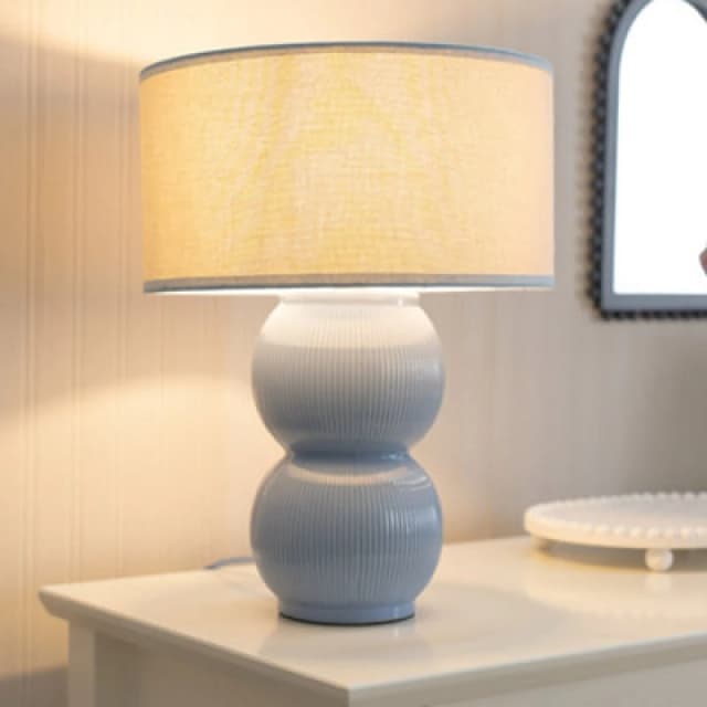 ValueLights ValueLights Gemma Linen with Trim Drum Lamp Shade Stacked Ribbed Glazed Table Lamp in Light Blue Light Blue One Size Unisex 5059406066078