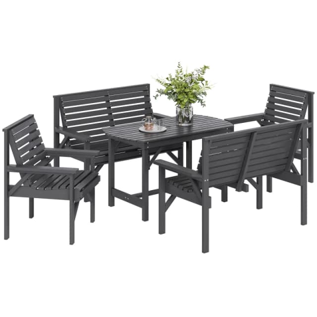 Outsunny 5PC Patio Dining Set Wooden Table and Chairs w/ Umbrella Hole Grey 84G-140V01LR