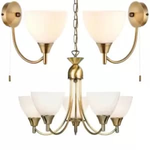 5 Lamp Ceiling & 2x Wall Light Pack Antique Brass Glass Matching Indoor Fittings