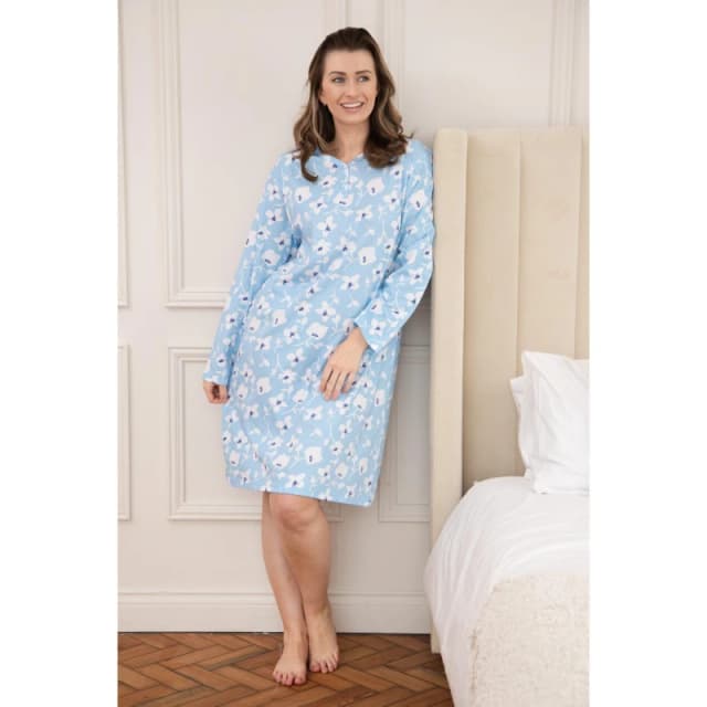 Camille Womens 100% Organic Cotton Long Sleeve Nightdress Lt Blue Floral female 10-12