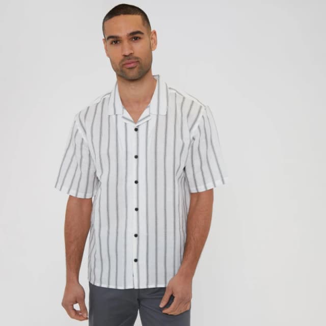 Threadbare 'Sati' Linen Blend Short Sleeve Revere Collar Stripe Shirt Off White