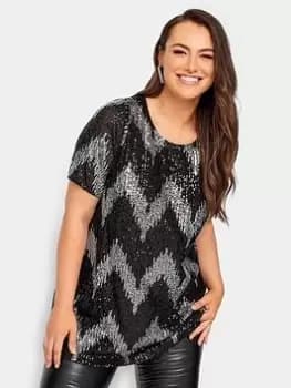 Yours Sequin Zig Zag Front T Shirt, Silver, Size 16, Women
