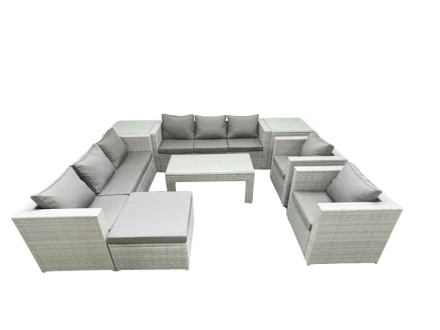 Fimous Outdoor Garden Furniture Rattan Sofa Set with 2 Armchairs Oblong Coffee Table Big Footstool 2 Side Tables Light Grey Mixed Light Grey