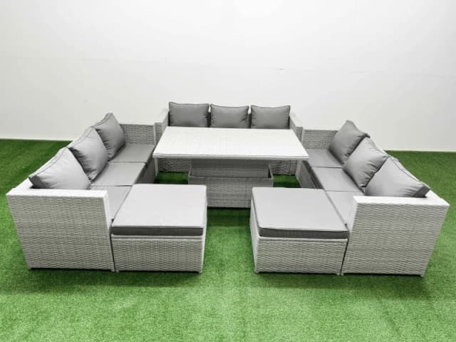 Fimous 6 PCs Rising Dining Table Set Rattan Furniture Set with 3 Seater Sofa in Light Grey Light Grey Unisex