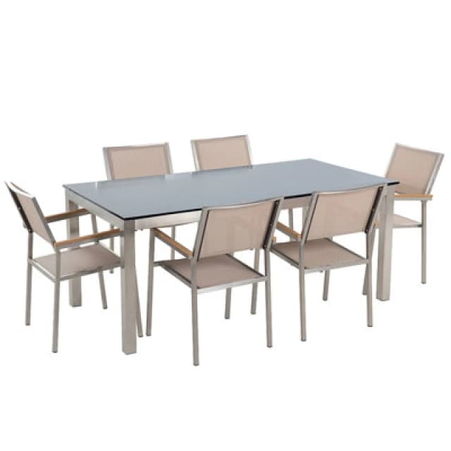 Beliani Garden Dining Set 6 Seater Grosseto Tempered Glass Black/ Beige