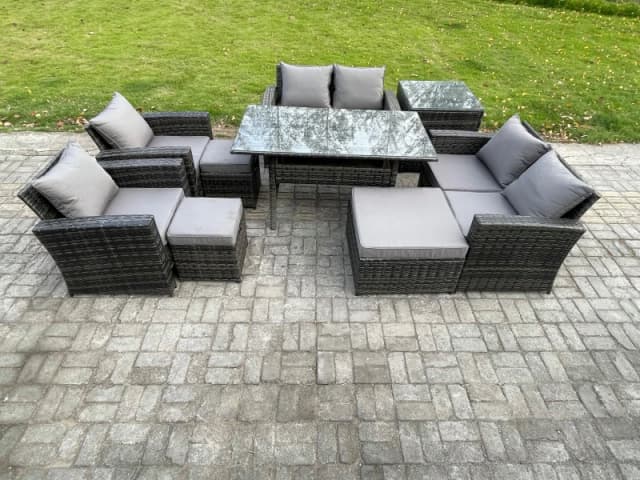 Fimous Garden Furniture Sets 9 Pieces Rattan Furniture Handmade Wicker Patio Sofa Set with 3 Footstools Side Table in Dark Grey Dark Grey Unisex