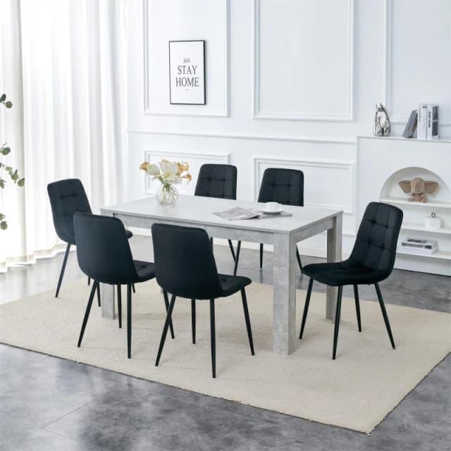 KOSY KOALA Kosy Koala - Dining Table and 6 Chairs Stone Grey Effect Wood Table 6 Black Velvet Chairs Dining Room Stone grey 140 + 6 Black rocco chairs