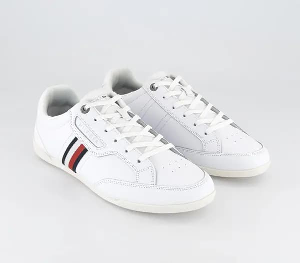 Tommy Hilfiger Classic Lo Cupsole Leather Trainers White Navy Red Stripe, 7