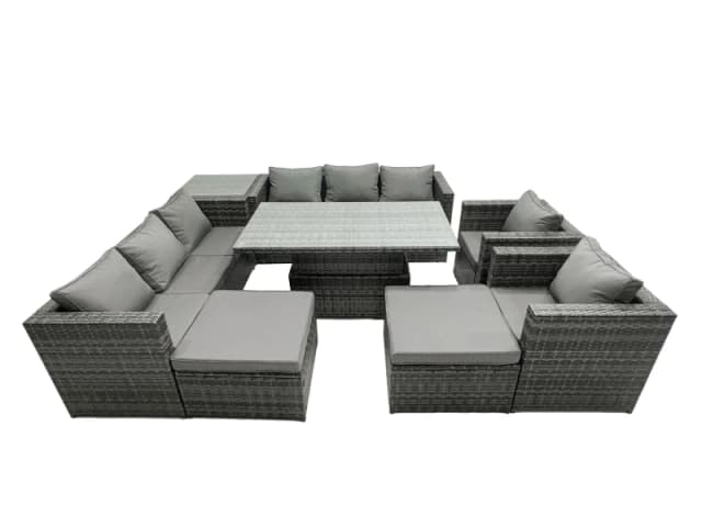 Fimous Rattan Dining Table Sofa Set with Side Table 2 Stools Outdoor 10 Seat in Dark Grey Dark Grey Unisex