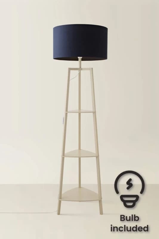 ValueLights ValueLights Hiru Cream 3 Tier Wooden Shelf Floor Lamp with Drum Shade and Bulb in Navy Navy One Size Unisex 5059406070693