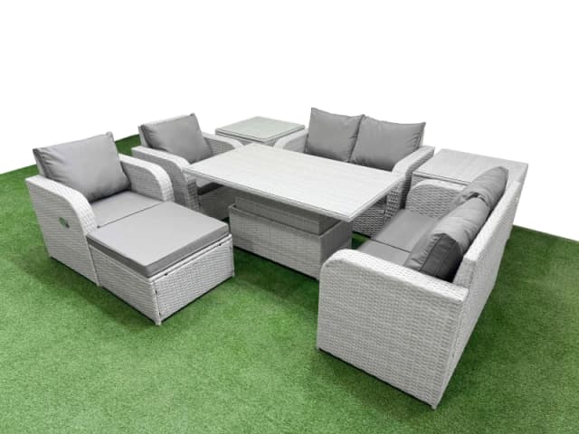 Fimous 7 Seater Outdoor Reclining Chair Love Sofa Set Rattan Garden Furniture Set with Adjustable Lifting Dining or Coffee Table Footstool 2 Side Tabl