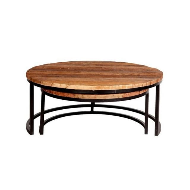 Indian Hub Round Railway Sleeper Set of 2 Coffee Tables - Metal - L90 x W90 x H40cm in Brown Brown Unisex