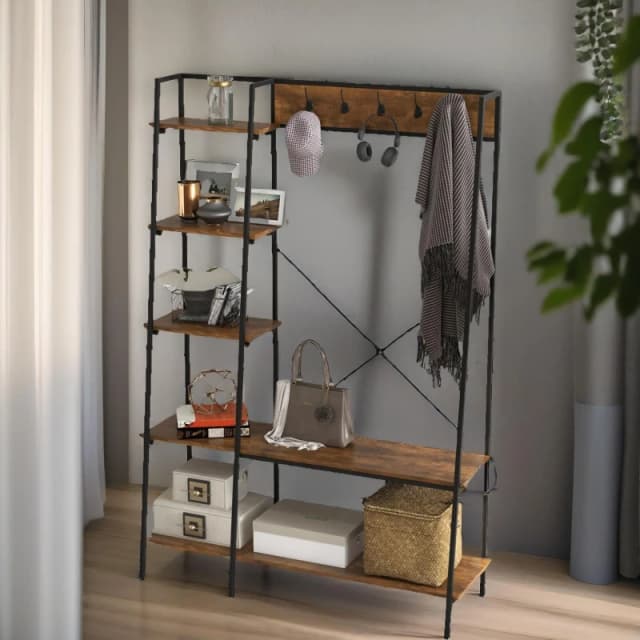 Rafaelo Mobilia Industrial Coat Hanger Stand With Shoe Storage Rustic Brown Brown Unisex