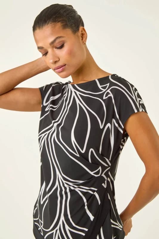 Roman Womens Floral Print Asymmetric Stretch Top in Black Size: 18 Black Female 18