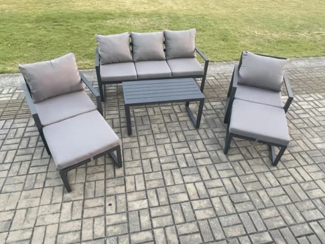 Fimous Aluminium 6 Pieces Garden Furniture Sofa Set with Cushions 7 Seater Outdoor Patio Set with 2 Armchair 2 Big Footstools Dark Grey Dark Grey Unis