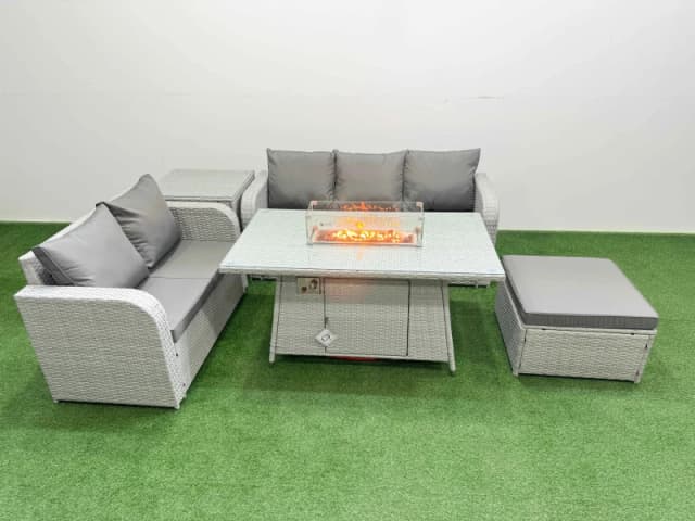 Fimous 6 Seater PE Rattan Wicker Garden Furniture Patio Conservatory Sofa Set with Firepit Dining Table 3 Seater Sofa Love Sofa Big Footstool Side Tab