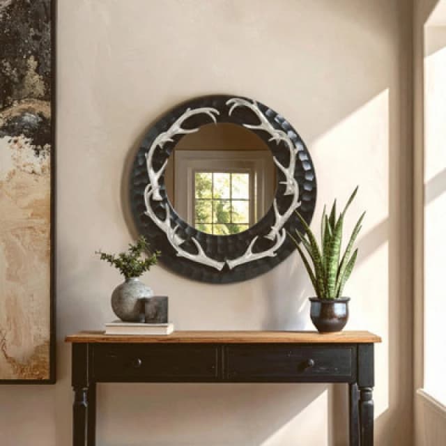 Orsina Brown And Nickel Finish Wall Mirror, Round Wall Mirror With Texture, Decorative Wall Mirror