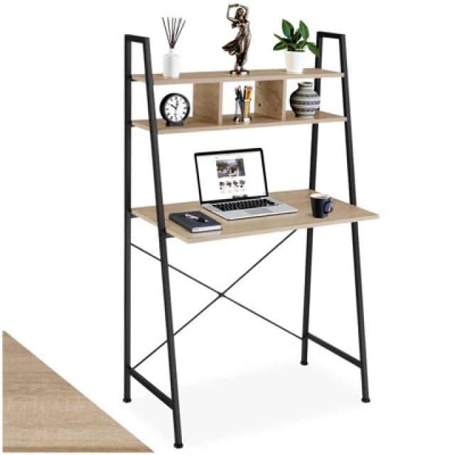 Tectake Desk Exeter - Overhead Storage Shelves, 3 Compartments - Industrial Wood Light, Oak Sonoma