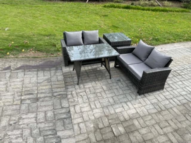 Fimous Garden Furniture Sets 4 Pieces Wicker Rattan Furniture Manual Wicker Patio Sofa Patio Conversation Set with Side Table in Dark Grey Dark Grey U