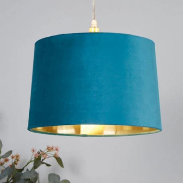 Lighting Collection Velvet Gleam Teal Drum Pendant Shade With Gold Inner Lining