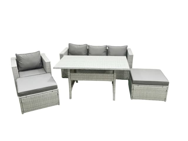 Fimous Rattan Garden Furniture Set Outdoor 6 Seater Patio Dining Sets with Glass Top Dining Table Light Grey Mixed Light Grey