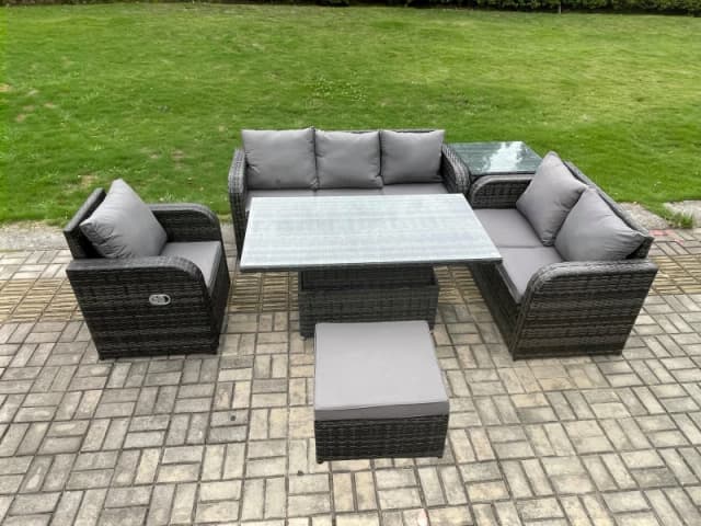 Fimous Outdoor Rattan Furniture Garden Dining Set Patio Height Adjustable Rising lifting Table Reclining Chair Sofa With Side Table Big Footstool Dark