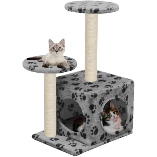vidaXL Cat Tree with Sisal Scratching Posts 60cm Grey Paw Prints Playhouse
