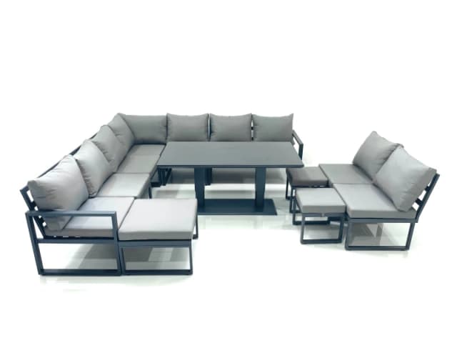 Fimous 12 Seater Outdoor Aluminum Garden Furniture Set Corner Sofa 3 Footstools Rising Lifting Dining Table Sets Dark Grey Dark Grey Unisex