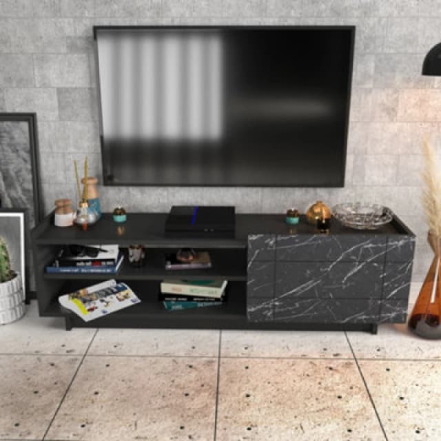 Decorotika Valantina TV Stand TV Unit For Tvs Up To 63" Black & Black Marble Effect