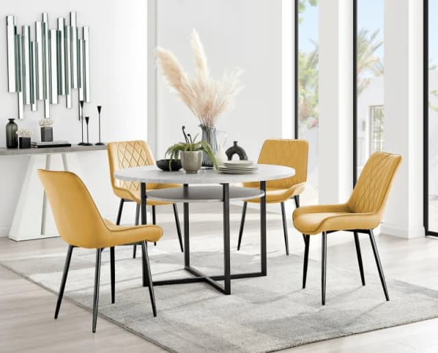FurnitureboxUK FurnitureboxUK Adley Grey Concrete Effect And Black Round Dining Table with Shelf and 4 Velvet Pesaro Dining Chairs in Mustard Mustard